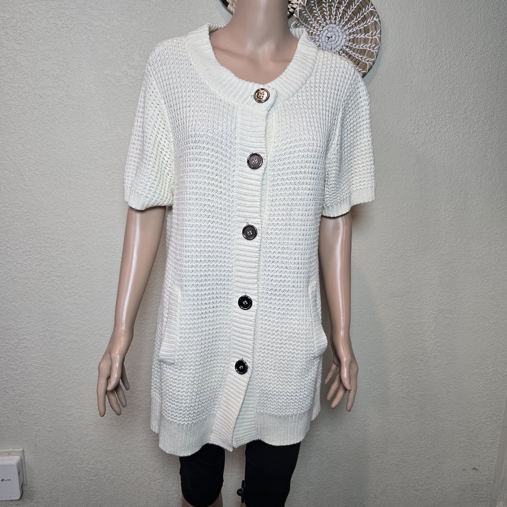 Charter Club Women's Ivory Short Sleeve Button Up Cardigan Sweater Size Xl